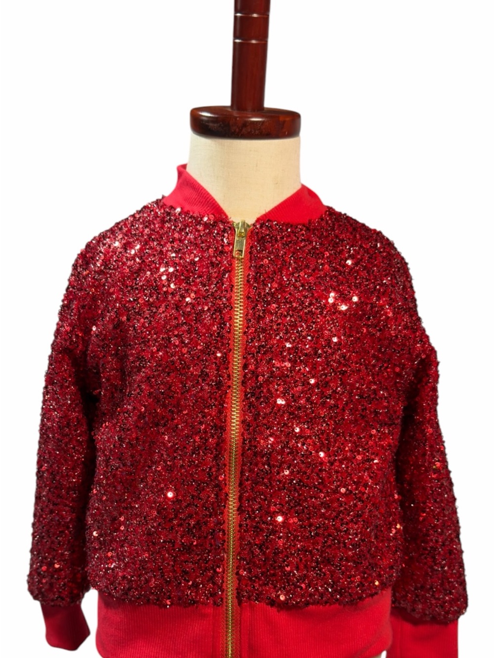 Girls Red Sequin Bomber Jacket with Gold Zip